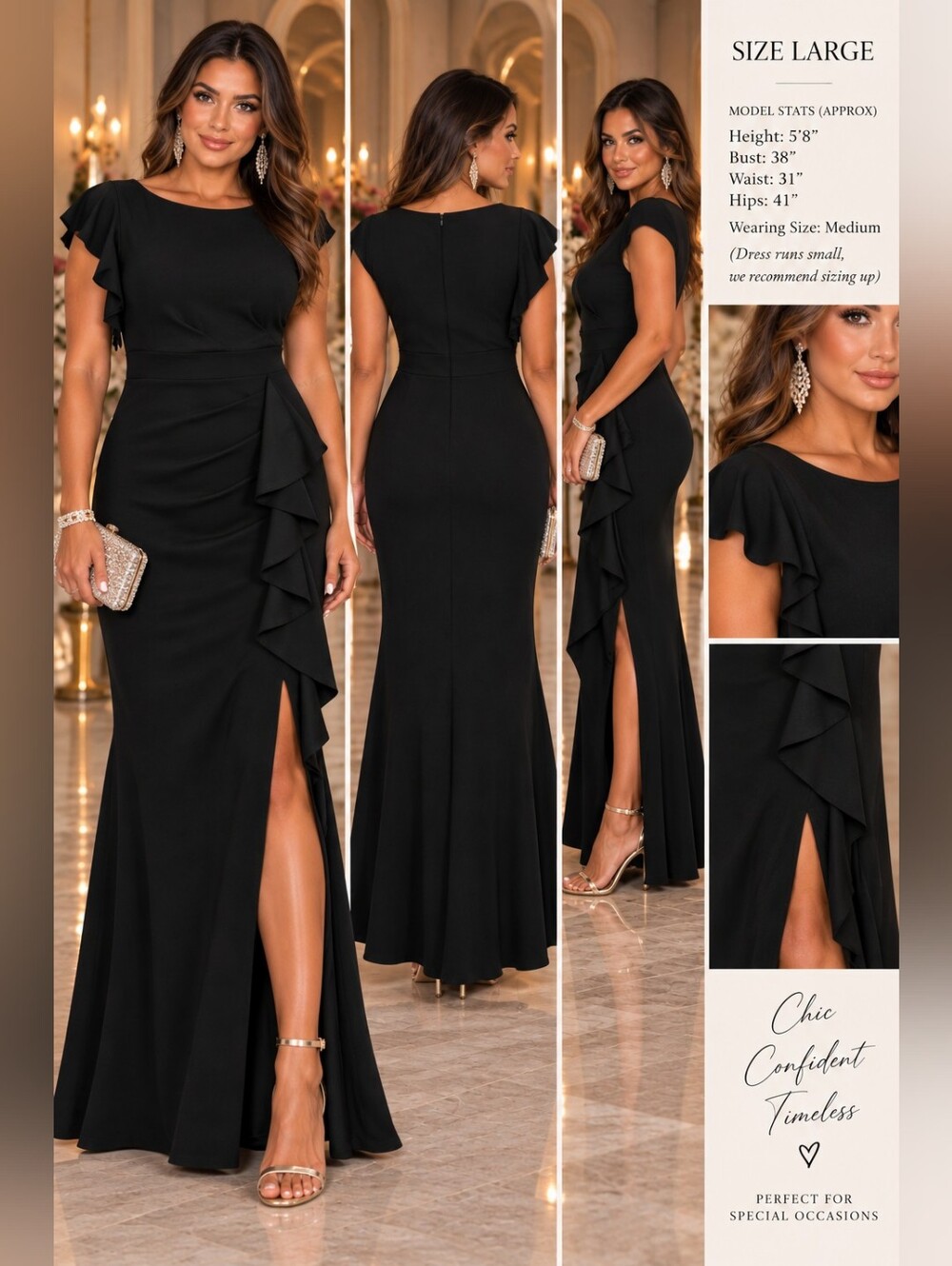 NWOT WOOSEA Black Ruffle Mermaid Maxi Dress High Slit Formal Evening